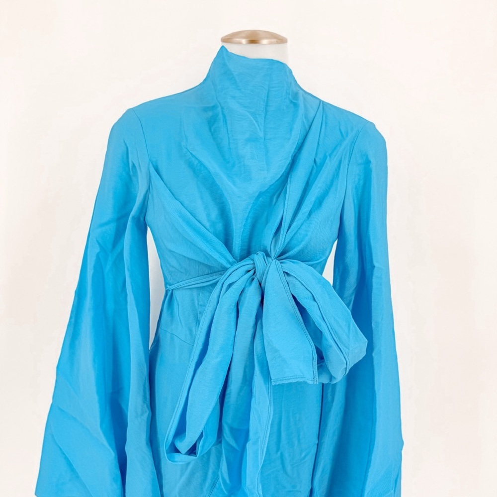 ASOS DESIGN high neck maxi dress with wrap waist and fluted sleeve in turquoise - Picture 5 of 12